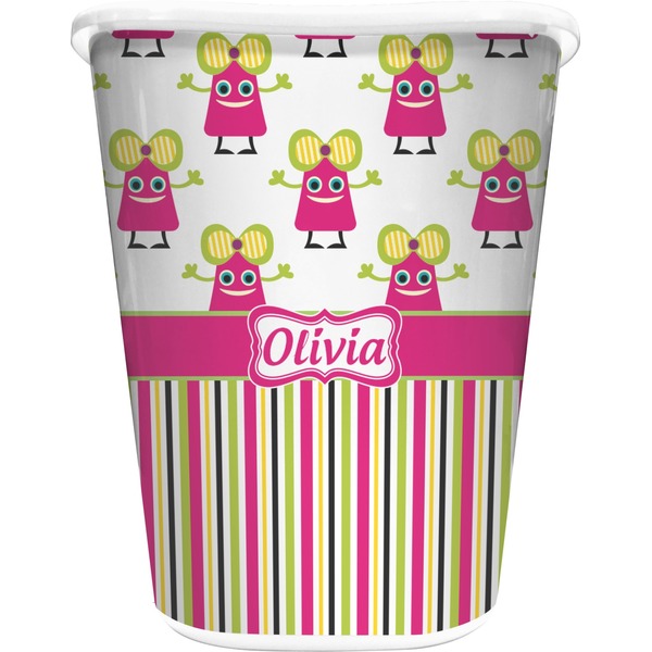 Custom Pink Monsters & Stripes Waste Basket - Single Sided (White) (Personalized)