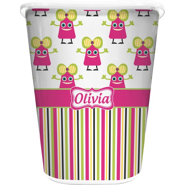 Custom Pink Monsters & Stripes Waste Basket (Personalized)