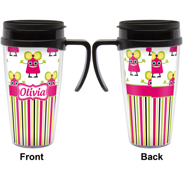 Pink Monsters & Stripes Travel Mug with Black Handle - Approval