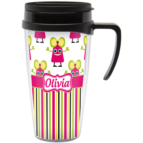 Custom Pink Monsters & Stripes Acrylic Travel Mug with Handle (Personalized)