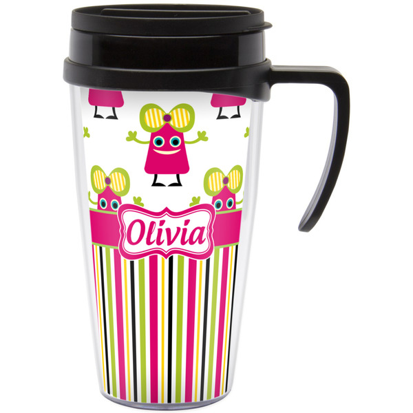 Custom Pink Monsters & Stripes Acrylic Travel Mug with Handle (Personalized)