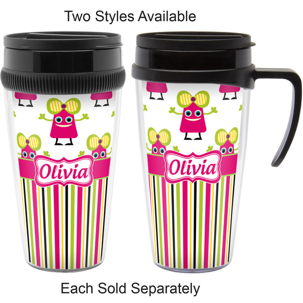Pink Monsters & Stripes Travel Mugs - with & without Handle
