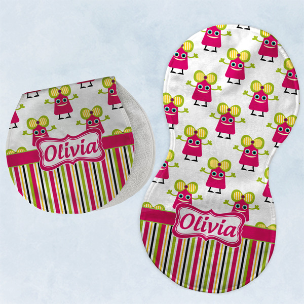 Custom Pink Monsters & Stripes Burp Pads - Velour - Set of 2 w/ Name or Text