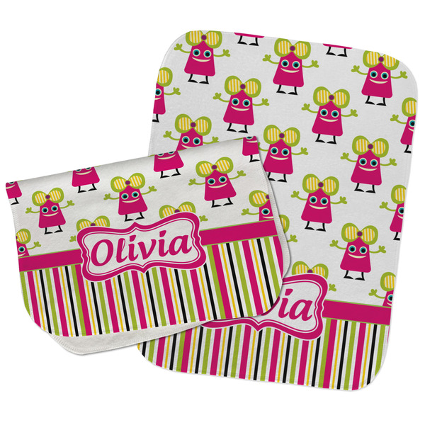 Pink Monsters & Stripes Two Rectangle Burp Cloths - Open & Folded