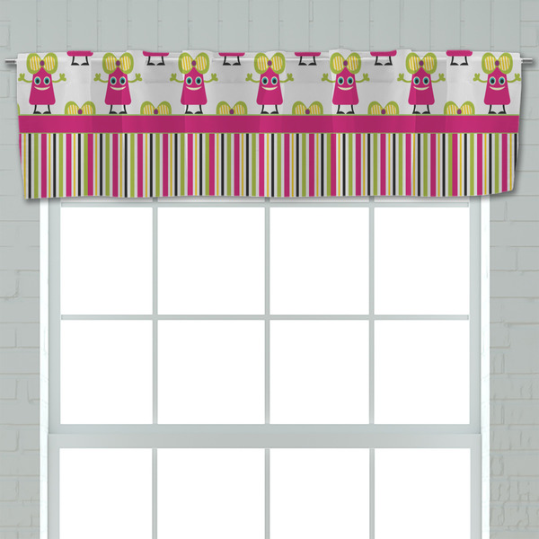 Pink Monsters & Stripes Valance - Closeup on window
