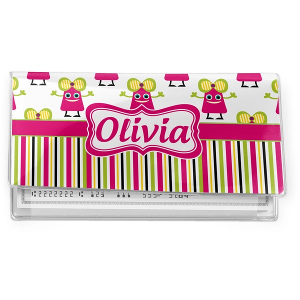 Custom Pink Monsters & Stripes Vinyl Checkbook Cover (Personalized)