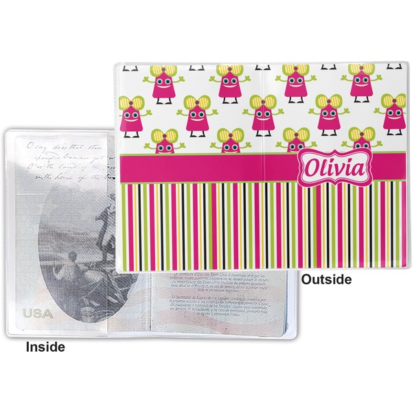 Pink Monsters & Stripes Vinyl Passport Holder - Flat Front and Back