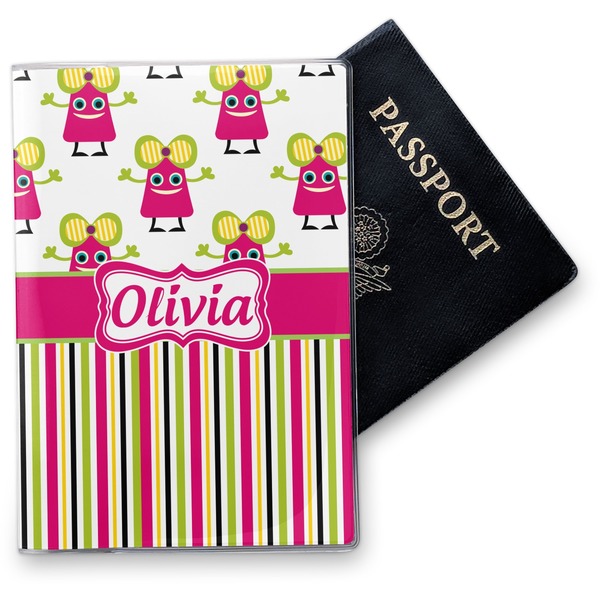 Custom Pink Monsters & Stripes Vinyl Passport Holder (Personalized)
