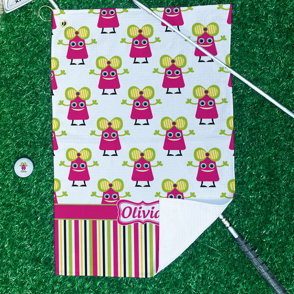 Pink Monsters & Stripes Waffle Weave Golf Towel - In Context