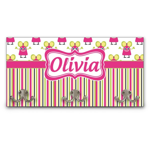 Custom Pink Monsters & Stripes Wall Mounted Coat Rack (Personalized)