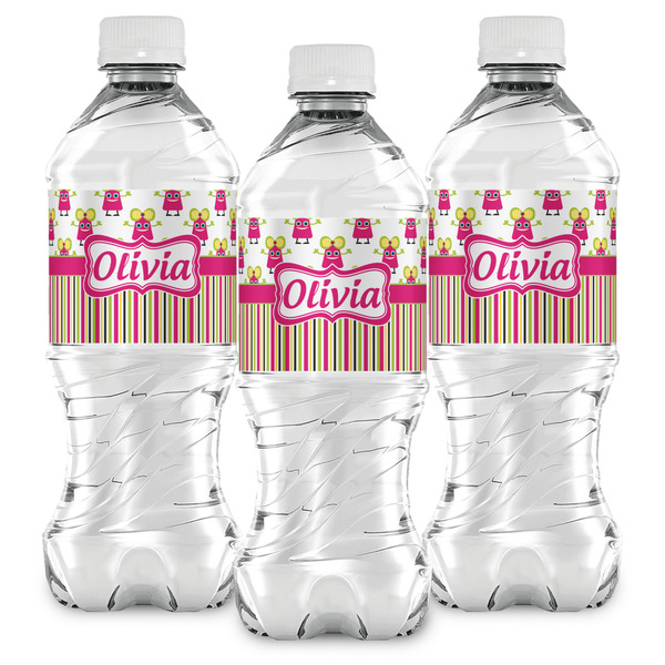 Pink Monsters & Stripes Water Bottle Labels - Front View