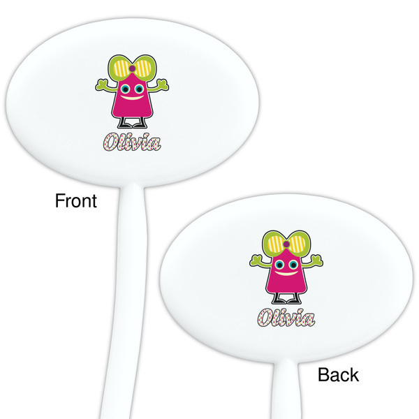 Pink Monsters & Stripes White Plastic 7" Stir Stick - Double Sided - Oval - Front & Back