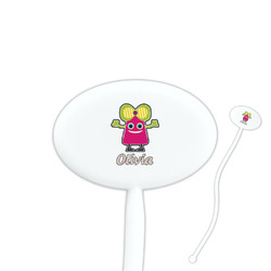 Pink Monsters & Stripes 7" Oval Plastic Stir Sticks - White - Single Sided (Personalized)