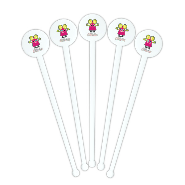 Pink Monsters & Stripes White Plastic 7" Stir Stick - Round - Fan View