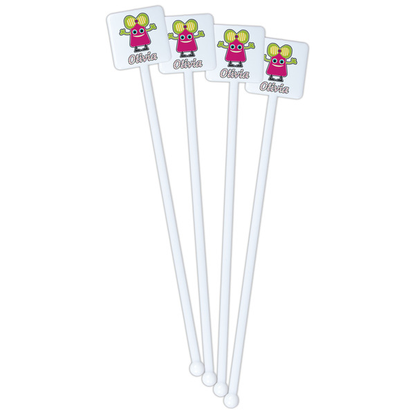 Pink Monsters & Stripes White Plastic Stir Stick - Double Sided - Square - Front