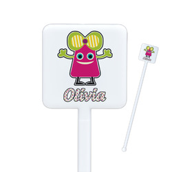 Pink Monsters & Stripes Square Plastic Stir Sticks - Single Sided (Personalized)