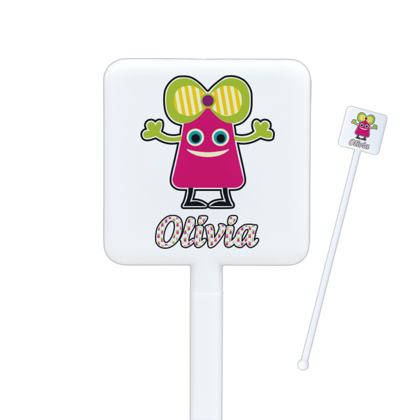 Custom Pink Monsters & Stripes Square Plastic Stir Sticks - Single Sided (Personalized)