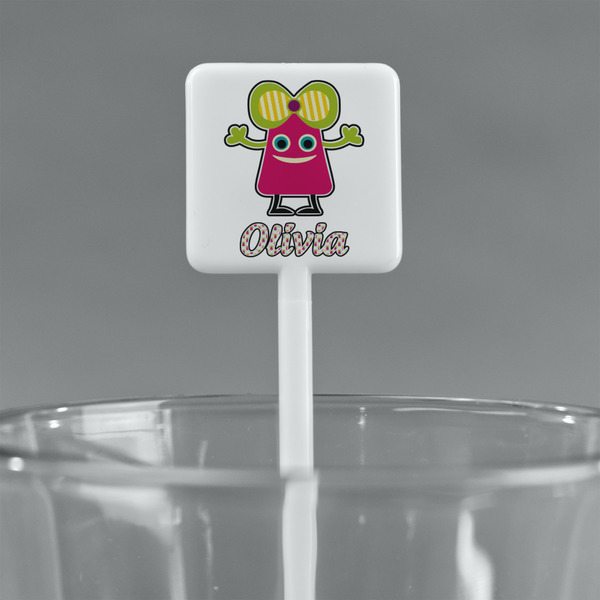 Pink Monsters & Stripes White Plastic Stir Stick - Square - Main