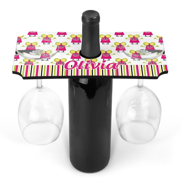 Custom Pink Monsters & Stripes Wine Bottle & Glass Holder (Personalized)