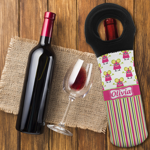 Pink Monsters & Stripes Wine Tote Bag - FLATLAY