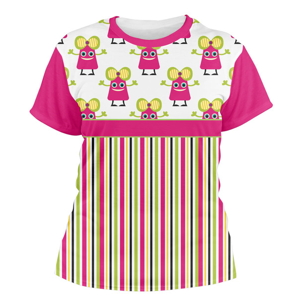 Custom Pink Monsters & Stripes Women's Crew T-Shirt - Medium