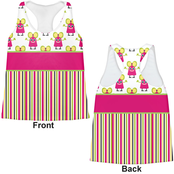 Pink Monsters & Stripes Womens Racerback Tank Tops - Medium - Front and Back