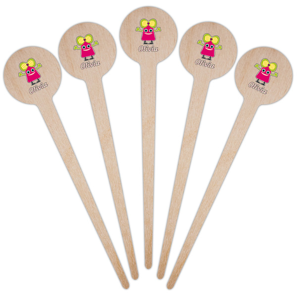 Pink Monsters & Stripes Wooden 4" Food Pick - Round - Fan View