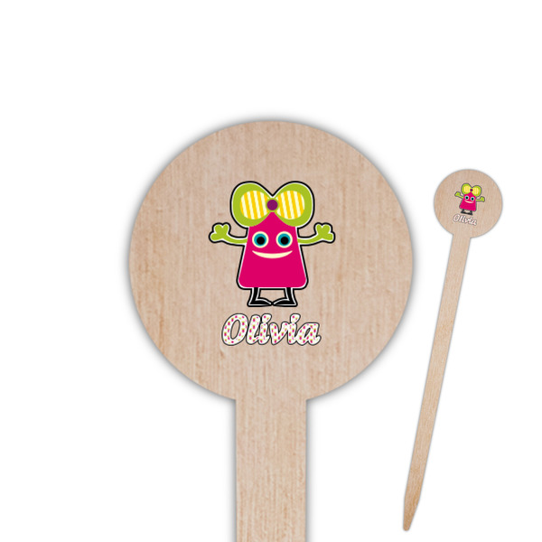 Custom Pink Monsters & Stripes 6" Round Wooden Food Picks - Single Sided (Personalized)