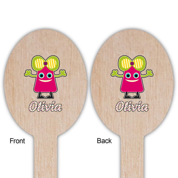 Pink Monsters & Stripes Wooden Food Pick - Oval - Double Sided - Front & Back
