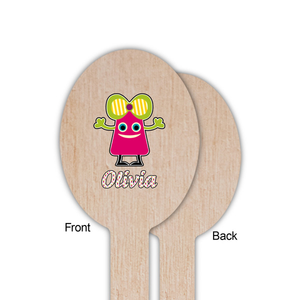 Pink Monsters & Stripes Wooden Food Pick - Oval - Single Sided - Front & Back