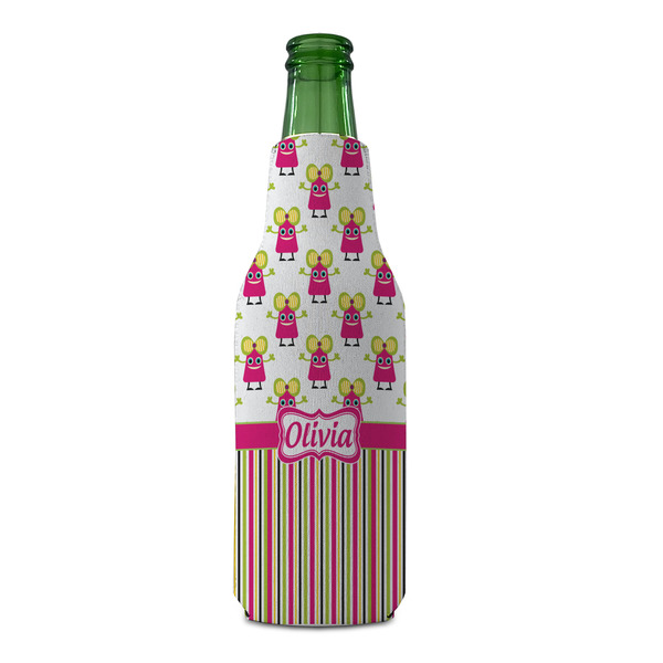 Pink Monsters & Stripes Zipper Bottle Cooler - FRONT (bottle)