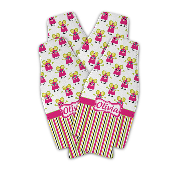 Pink Monsters & Stripes Zipper Bottle Cooler - Set of 4 - PARENT MAIN (flat)