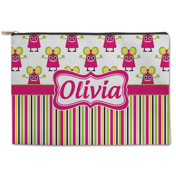 Custom Pink Monsters & Stripes Zipper Pouch - Large - 12.5"x8.5" (Personalized)