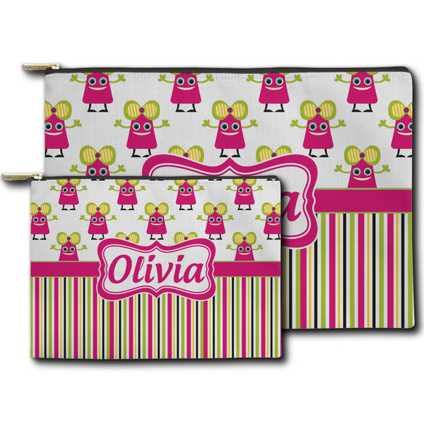 Pink Monsters & Stripes Zippered Pouches - Size Comparison