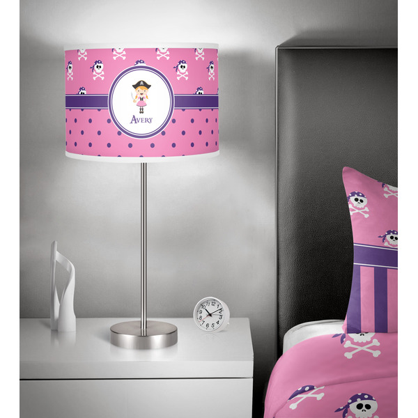 Pink Pirate 13 inch drum lamp shade - in room