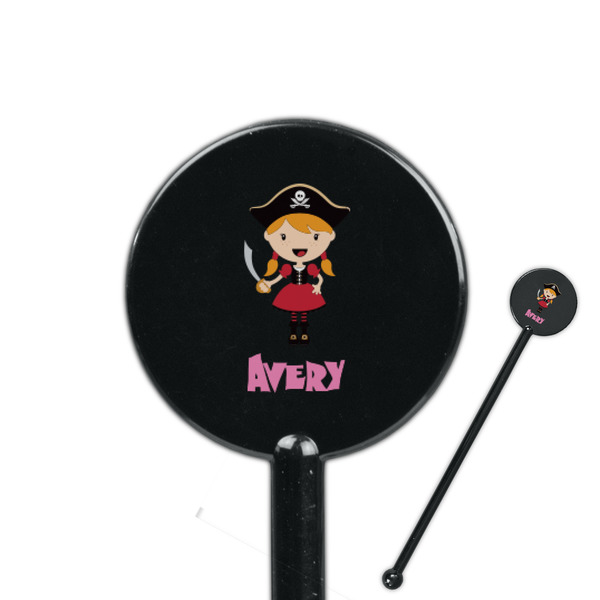 Custom Pink Pirate 5.5" Round Plastic Stir Sticks - Black - Single Sided (Personalized)
