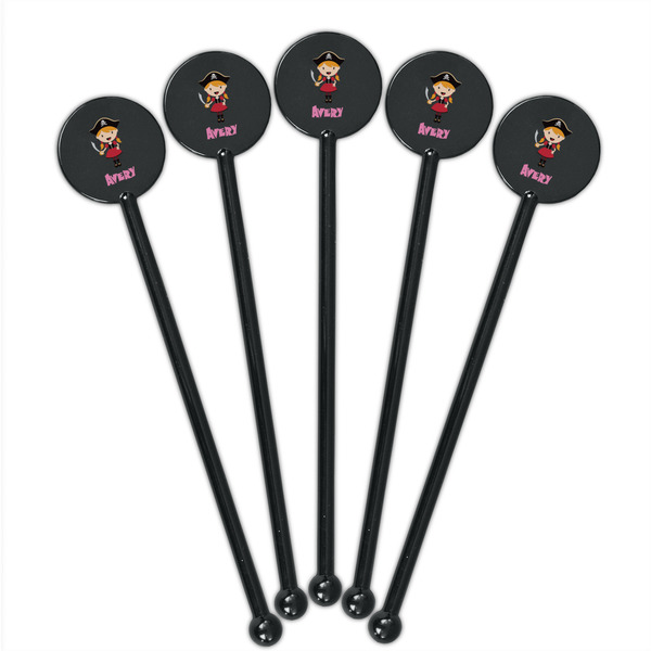Pink Pirate Black Plastic 5.5" Stir Stick - Round - Fan View