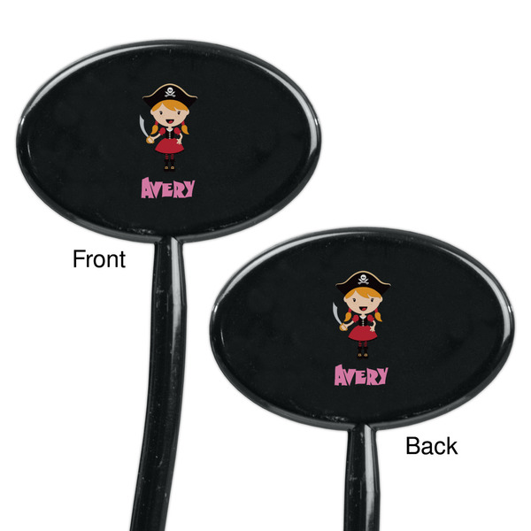 Pink Pirate Black Plastic 7" Stir Stick - Double Sided - Oval - Front & Back