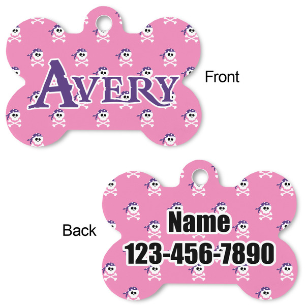Pink Pirate Bone Shaped Dog Tag - Front & Back