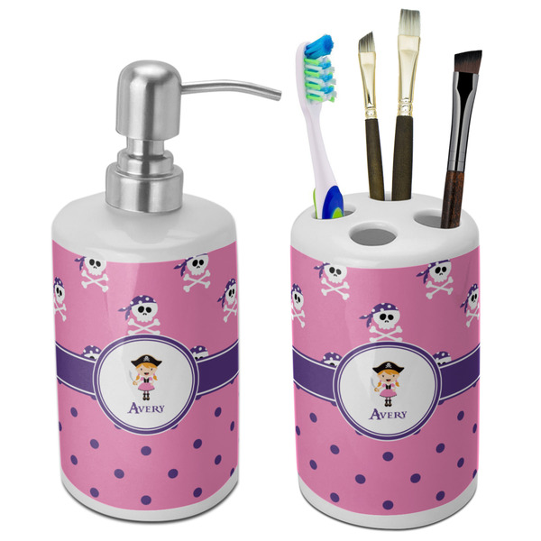 Custom Pink Pirate Ceramic Bathroom Accessories Set (Personalized)