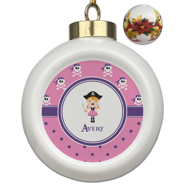 Custom Pink Pirate Ceramic Ball Ornaments - Poinsettia Garland (Personalized)