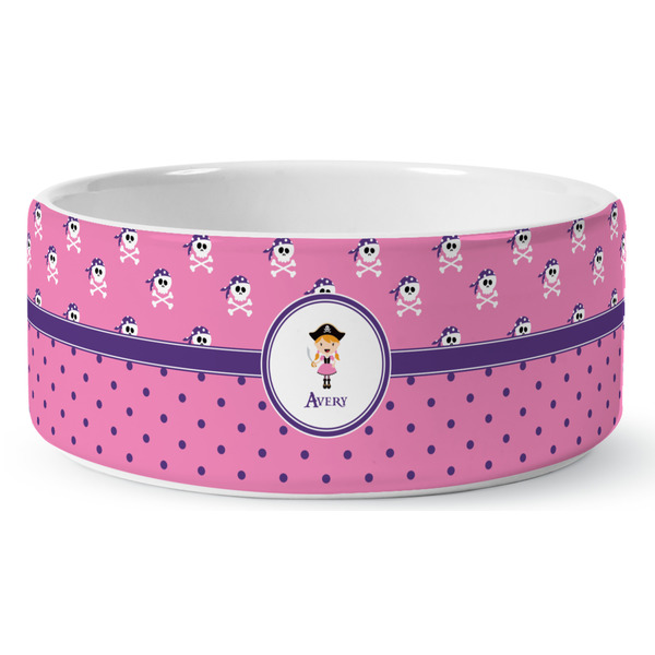 Custom Pink Pirate Ceramic Dog Bowl - Medium (Personalized)