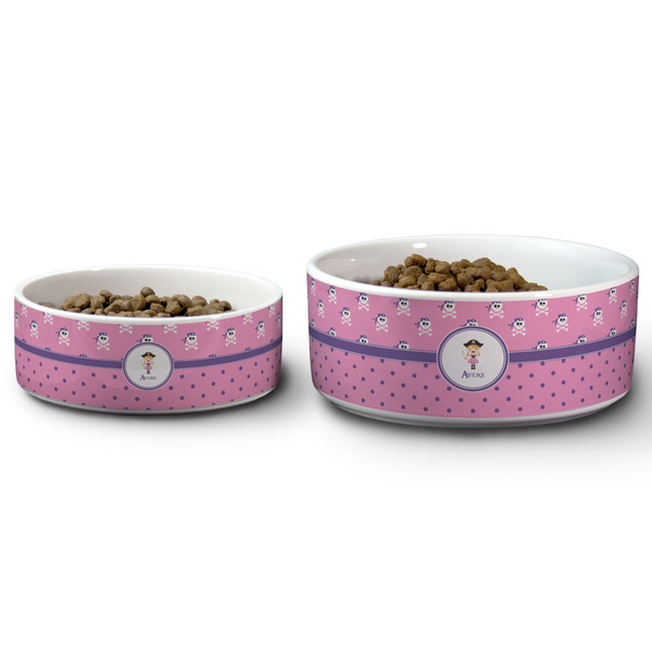Pink Pirate Ceramic Dog Bowls - Size Comparison
