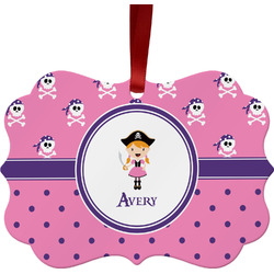 Pink Pirate Metal Frame Ornament - Double Sided w/ Name or Text
