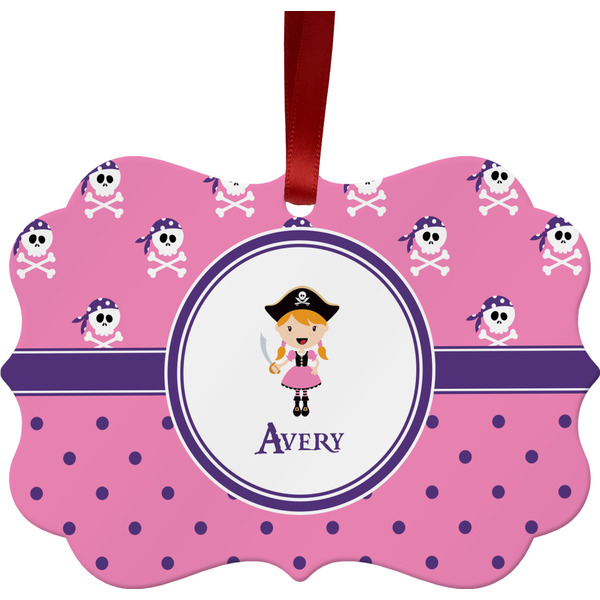 Custom Pink Pirate Metal Frame Ornament - Double Sided w/ Name or Text