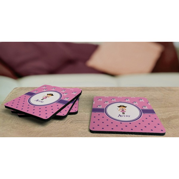 Pink Pirate Coaster Rubber Back - On Coffee Table