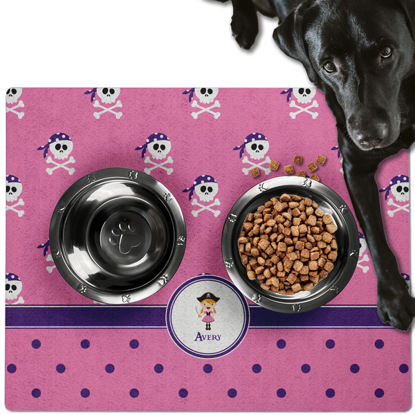 Custom Pink Pirate Dog Food Mat - Large w/ Name or Text