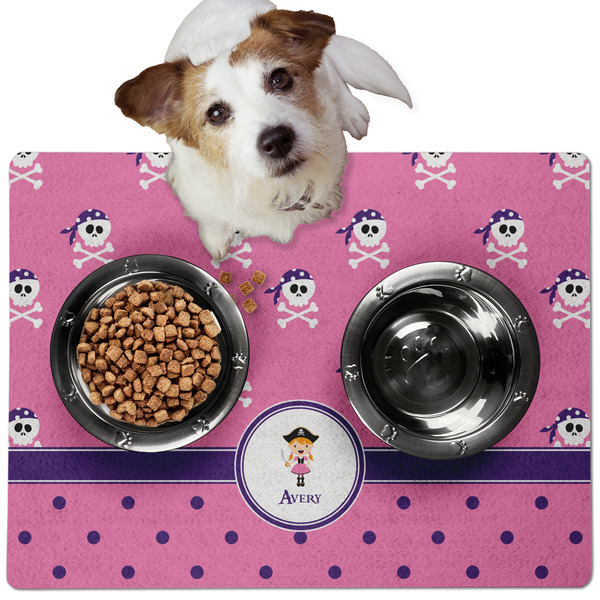 Custom Pink Pirate Dog Food Mat - Medium w/ Name or Text