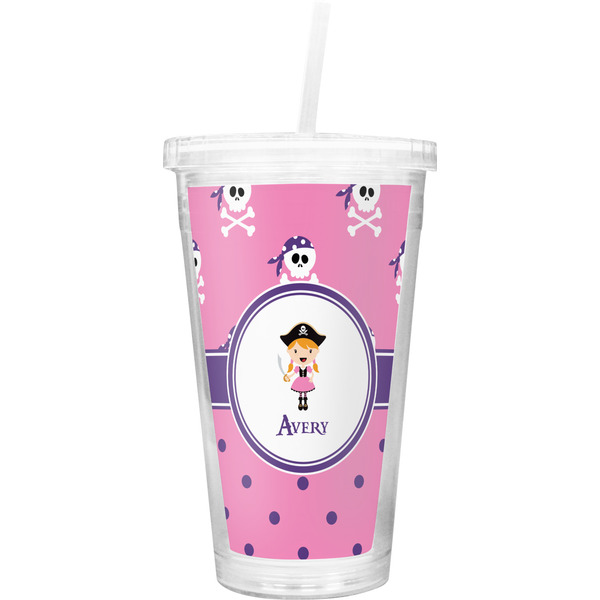 Custom Pink Pirate Double Wall Tumbler with Straw (Personalized)