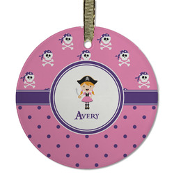 Pink Pirate Flat Glass Ornament - Round w/ Name or Text